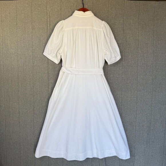 Ann Taylor ivory Linen Blend Short Puff Sleeve Button Front Midi Dress Size 16 - Picture 10 of 17